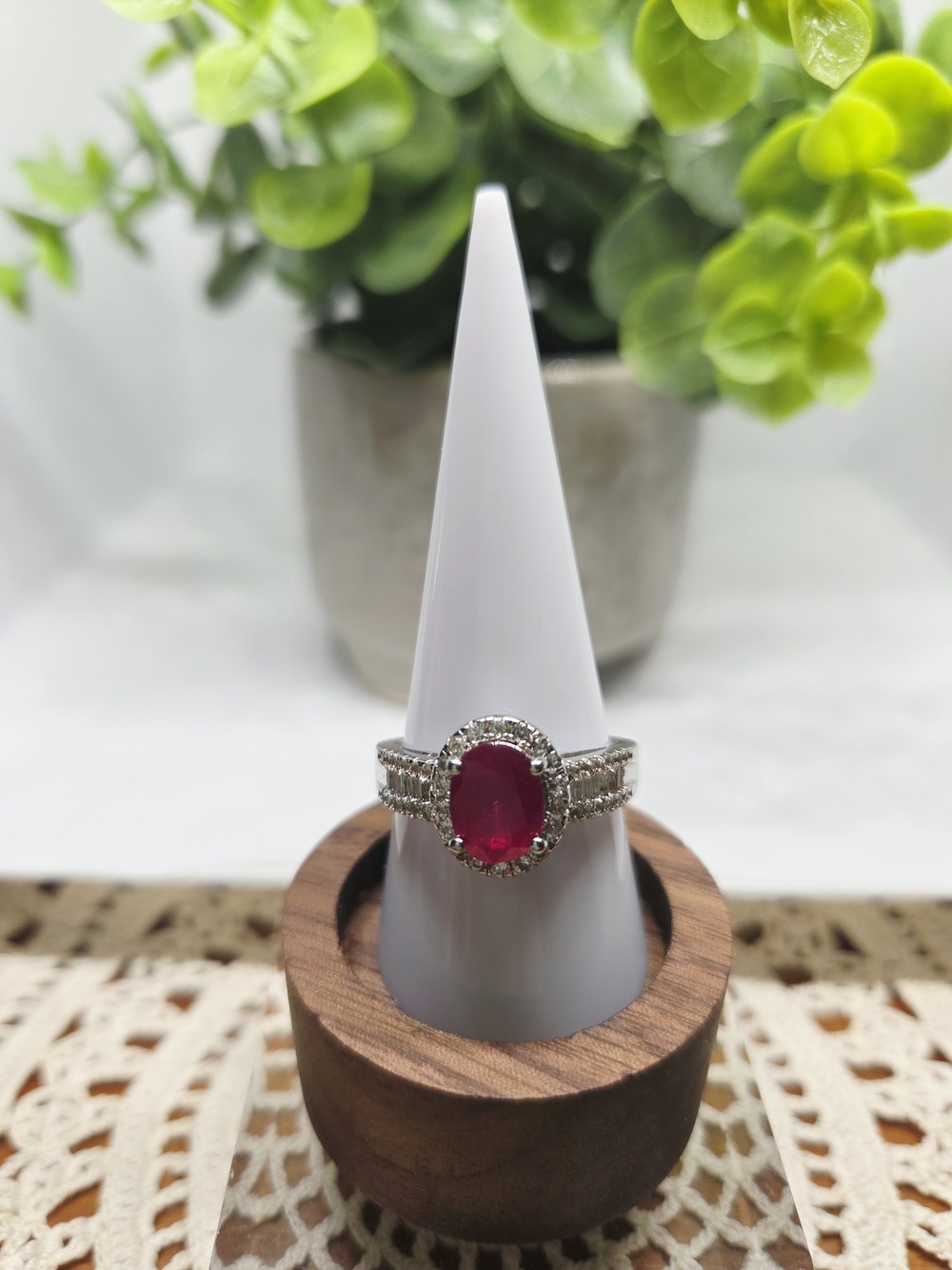 Oval Ruby-Center Silver Halo Ring